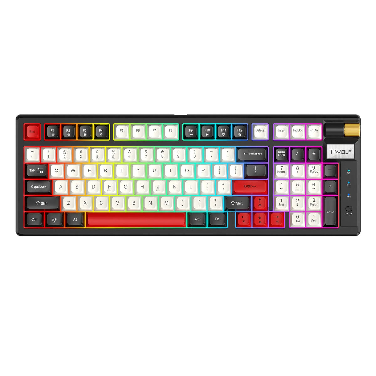 Bluetooth charging gaming mechanical keyboard in Blue Orange or Black Red, ABS body, 404 x 172 x 37.5mm, with USB receiver and 1.5m cable.