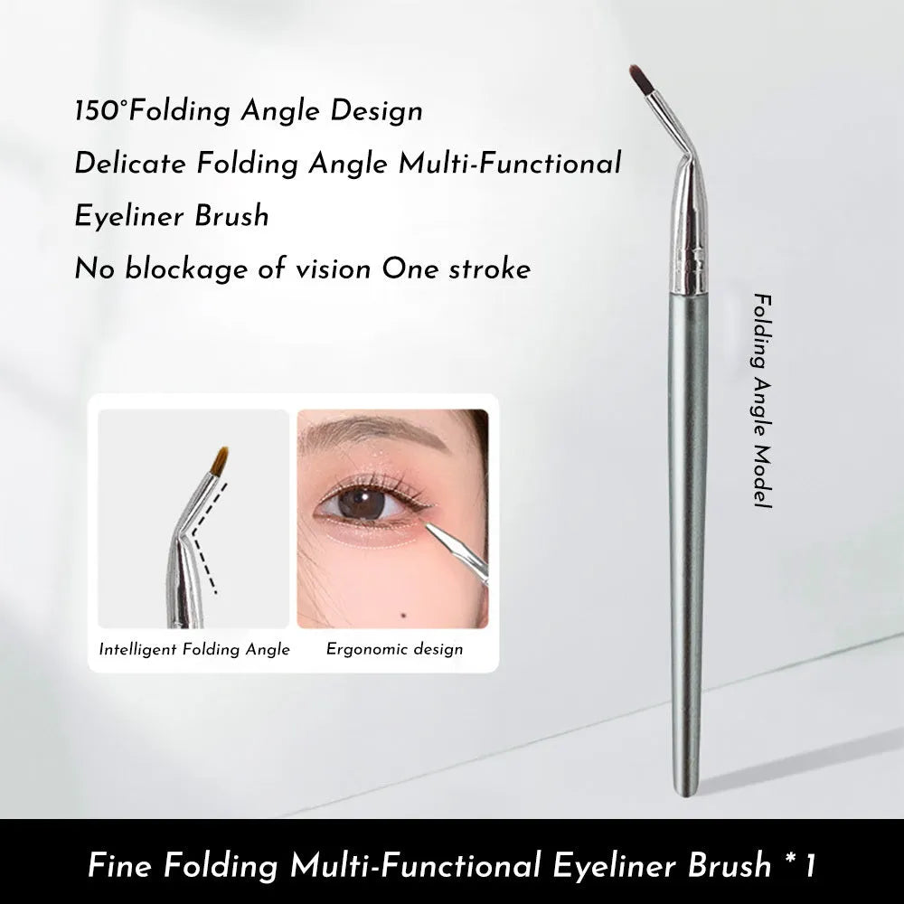 Close-up of a bent head eyeliner brush with a 45-degree angle and flat synthetic bristles for detail makeup.