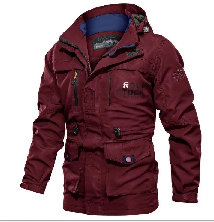Men's casual outdoor hooded plus size jacket in letter print, stand-up collar, zipper front, thin polyester fabric