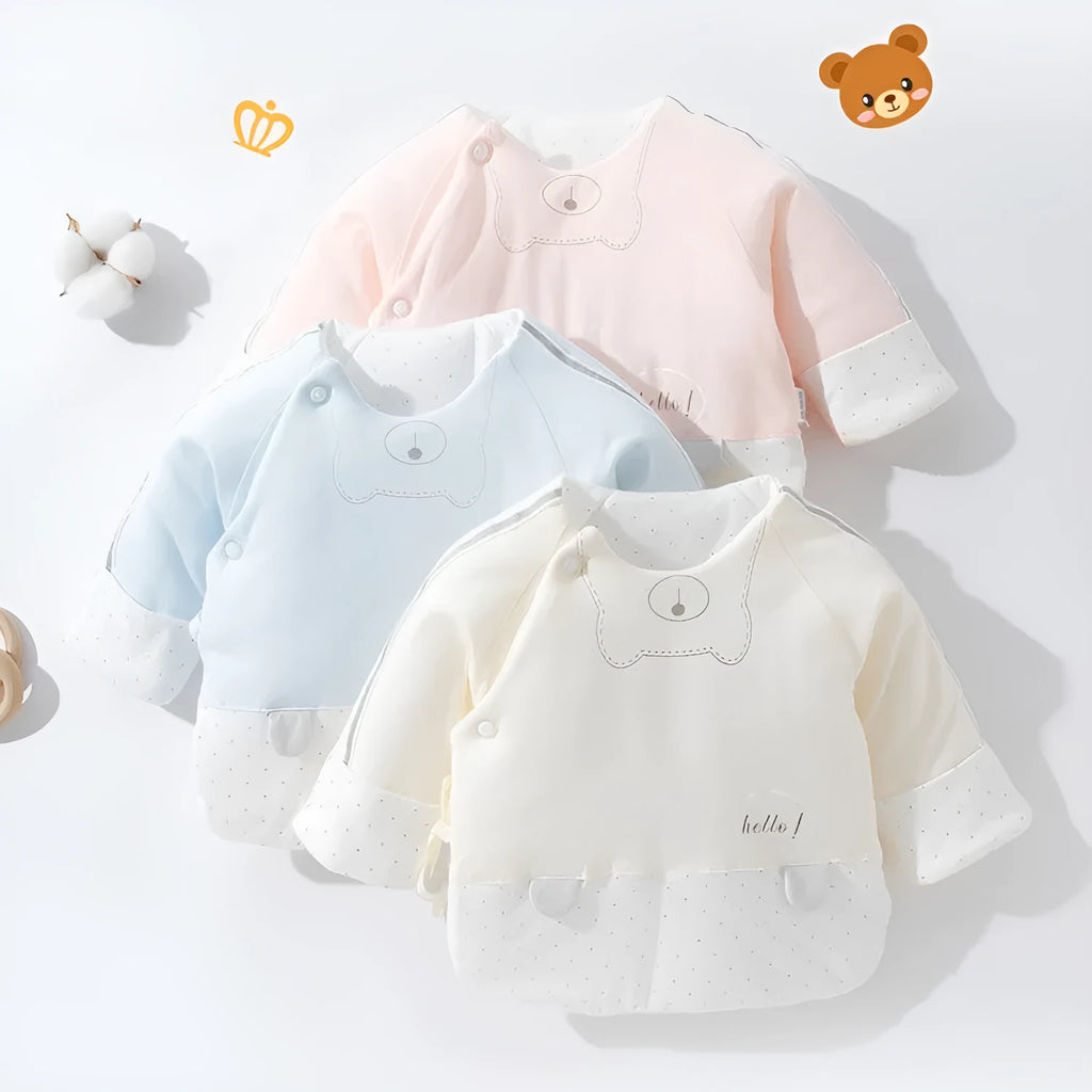 Hani half-back cotton baby top for newborns in yellow, 59cm height, round neck, 100% cotton