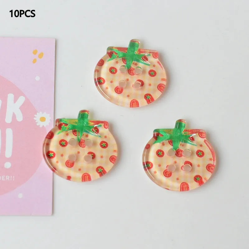 Medium plastic tomato button ornaments with printed patterns in various red colour options