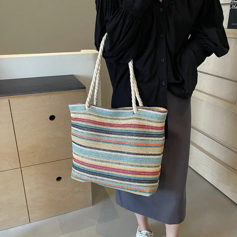 Blue straw woven single shoulder bag with large capacity and polyester lining