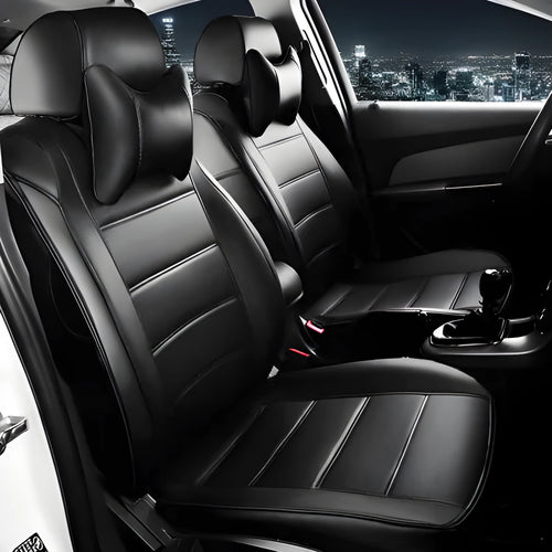 Cow leather car seat cover in beige and black with red line styles, showing binding detail