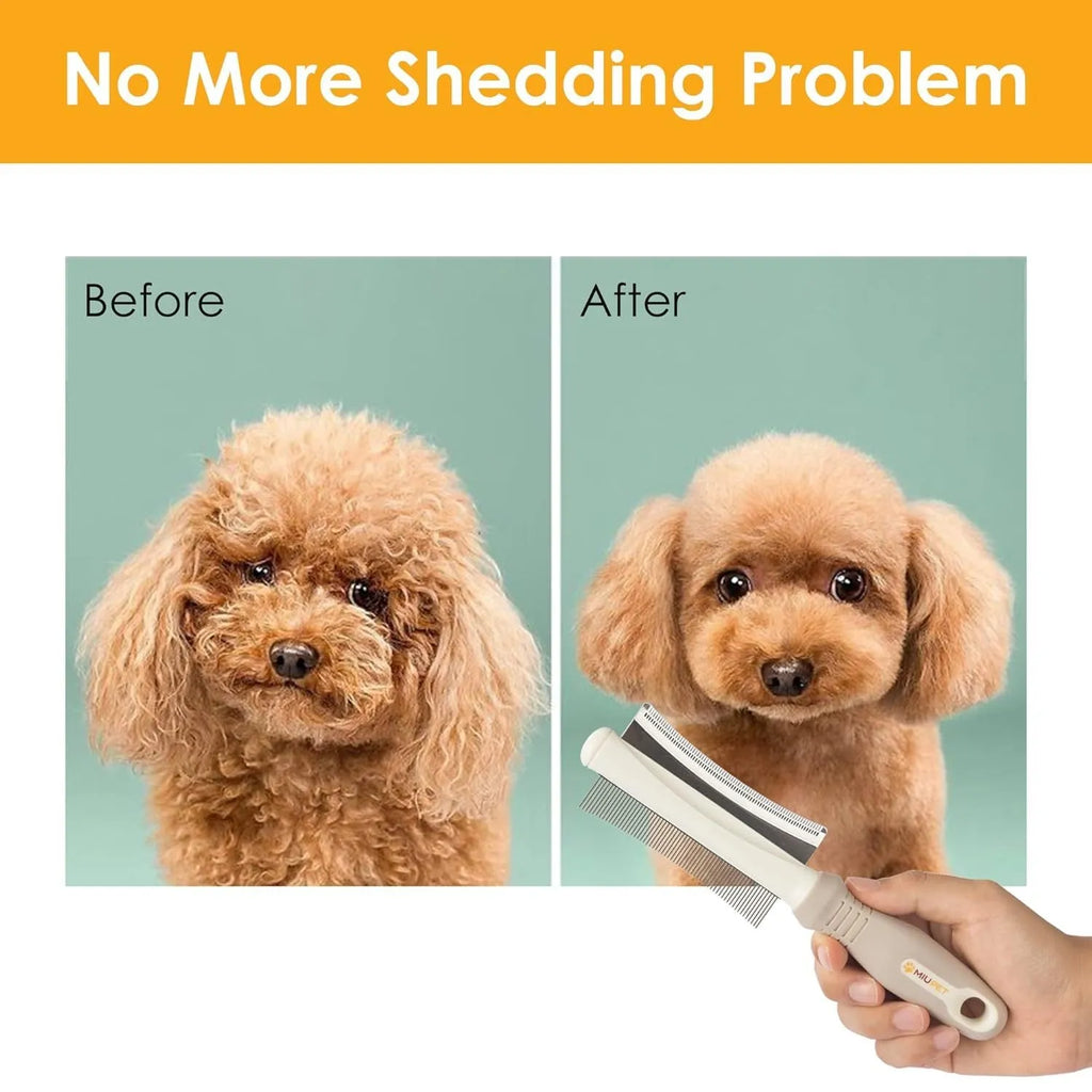 White double-sided dog and cat grooming brush with curved comb and deshedding brush sides.
