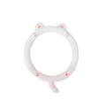 Plush furry steering wheel cover with embroidered panda face, fitted on a car steering wheel.