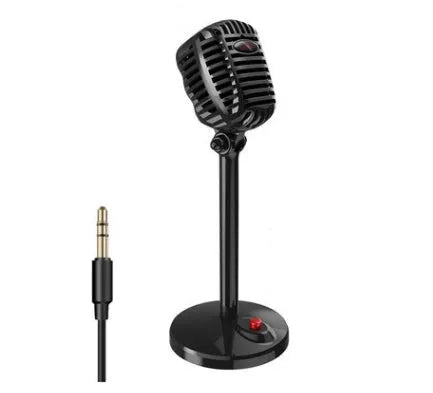 Black USB computer microphone on an adjustable desk stand with a weighted base.
