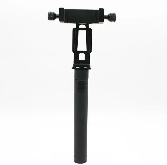 Black retractable aluminium selfie stick with Bluetooth remote, extended as a hand-held stabilizer.
