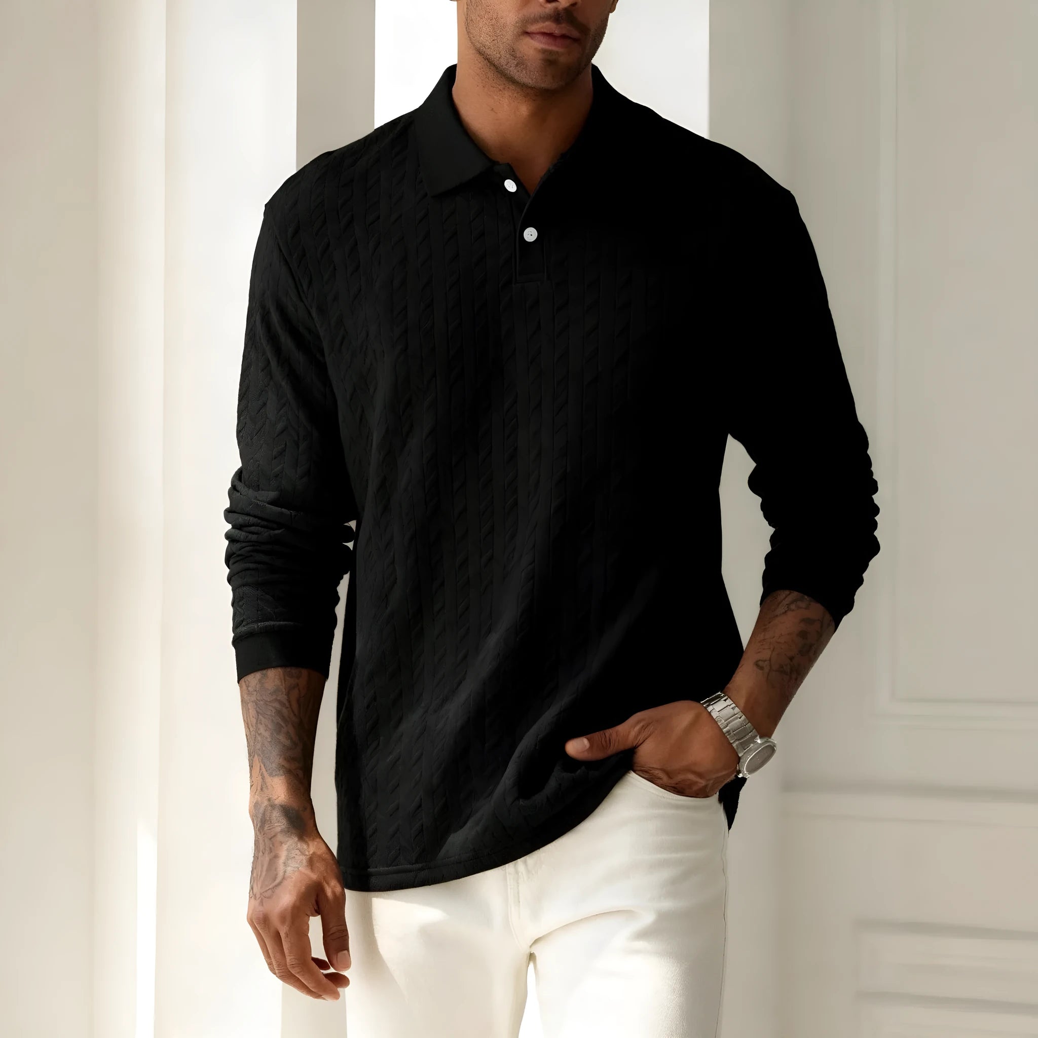 Men's solid colour lapel button-front long sleeve top in army green, front view