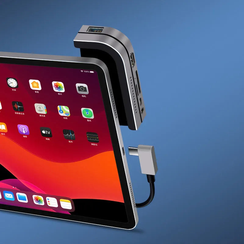 Silver aluminium grey USB-C 6-in-1 docking station for iPad Pro with HDMI and card reader ports