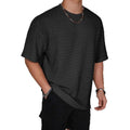 Men's slim fit short sleeve t-shirt in light blue with a round neck and loose hollow design.