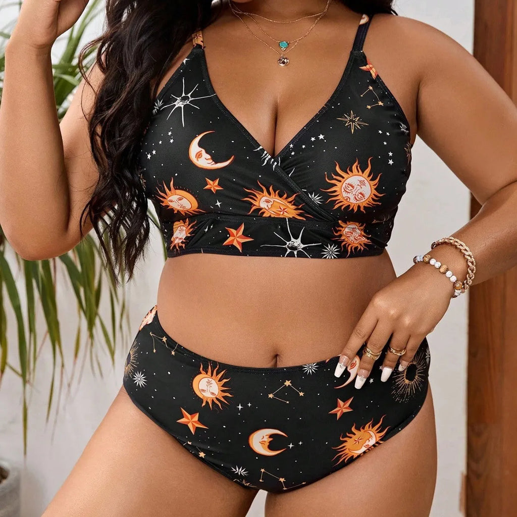 Women's split printed swimsuit in polyester spandex, sleeveless brief style, available in sizes L to 4XL