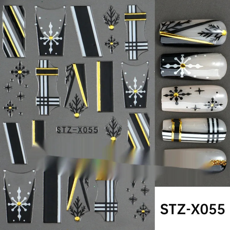 Cartoon-themed nail art sticker sheet with black and silver strip patterns and love motifs