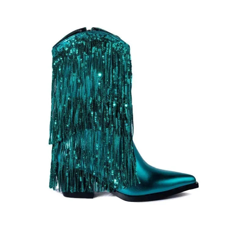 Women's black chunky-heel tassel ankle boots with a pointed toe and high stiletto heel on a white background.
