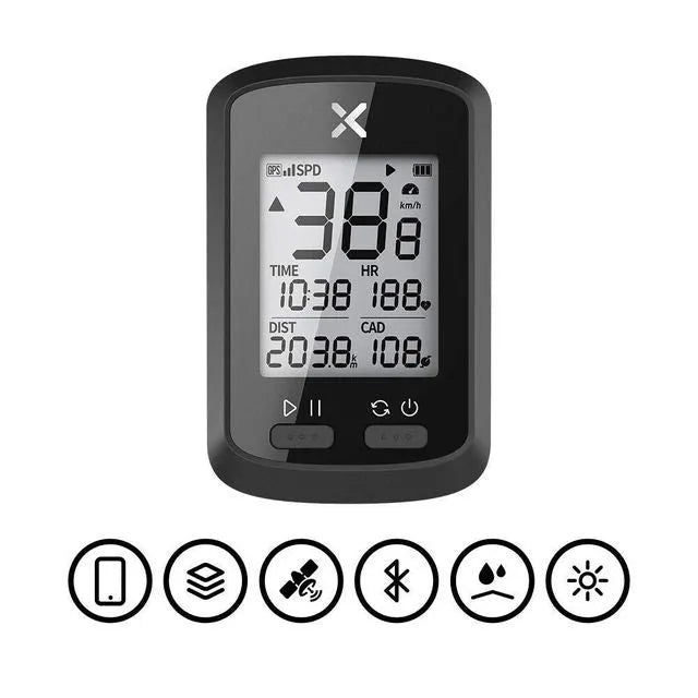 Black plastic waterproof stopwatch mounted on bicycle handlebars.
