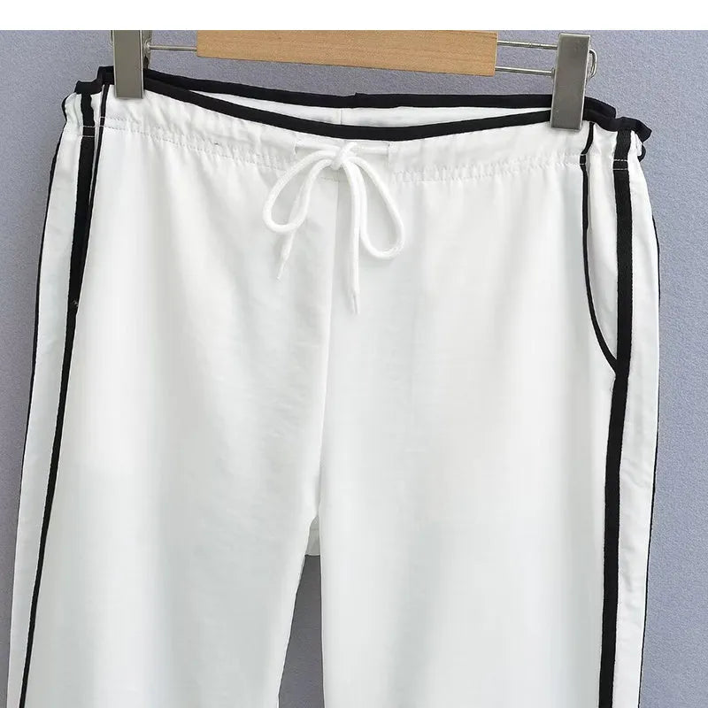 Women's loose straight-leg trousers with ribbon parallel bars contrast colour design in navy blue