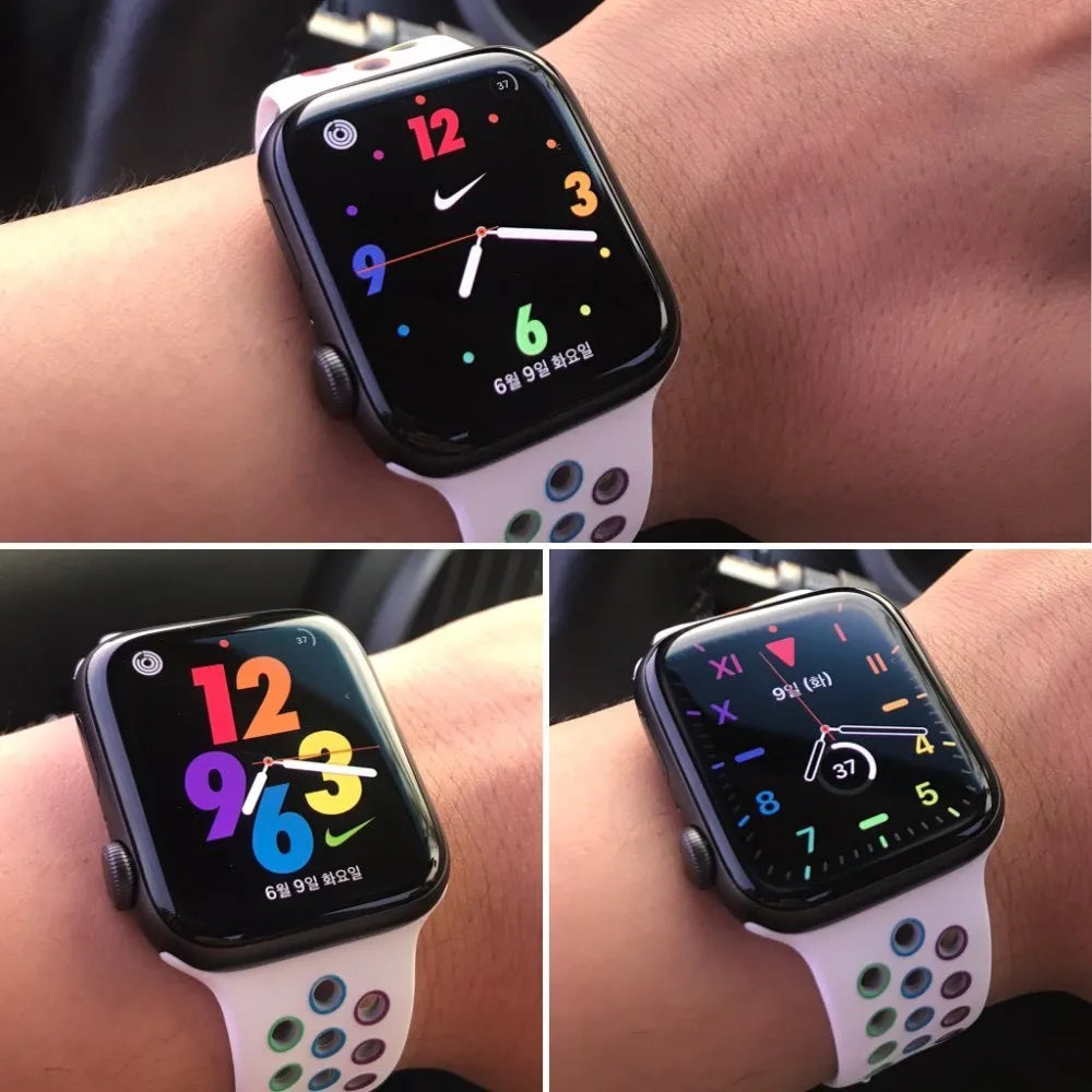 Black silicone sports wristband with a silver buckle, shown on a wrist, displaying its 38mm width.