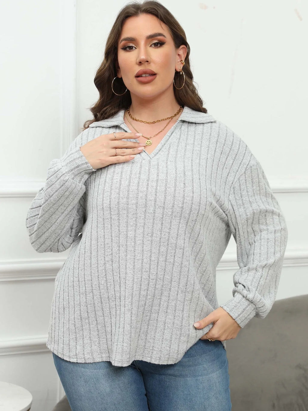 Women's plus size polo collar bottoming shirt in melange gray velvet dyed polar fleece with lantern sleeves