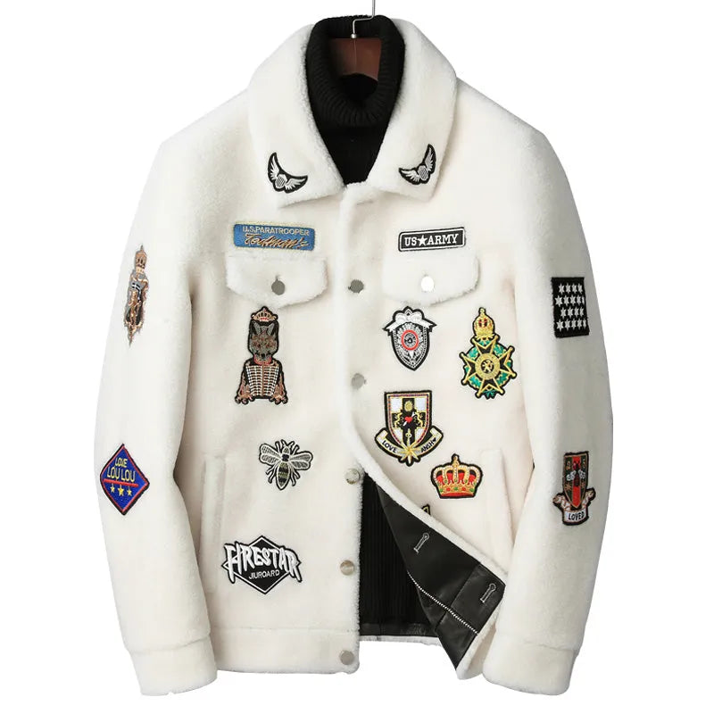 Men's 100% wool grain lamb fur jacket with animal pattern in white or black, sizes M to 5XL