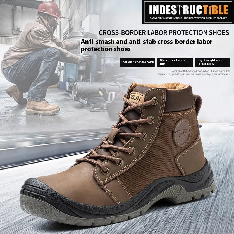 Orange lightweight labour protection shoes with leather uppers and rubber anti-smashing soles