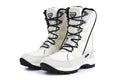 Women's black mid-calf thermal snow boots with a round toe and genuine leather upper on a rubber sole.