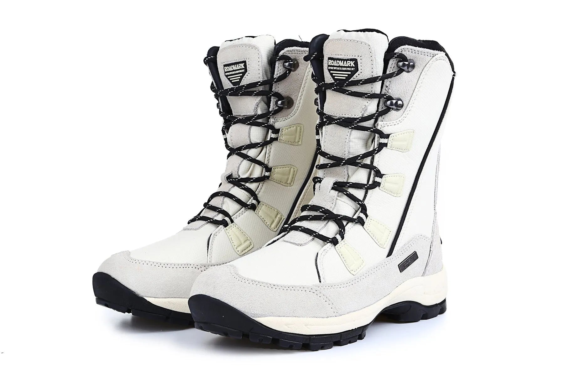 Women's black mid-calf thermal snow boots with a round toe and genuine leather upper on a rubber sole.