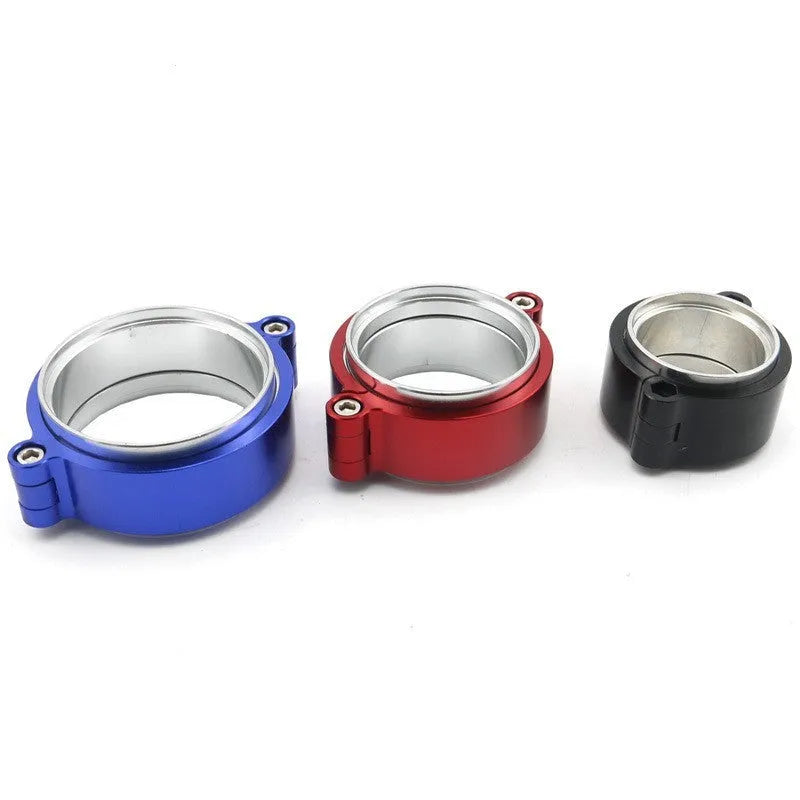 Aluminium alloy turbocharger exhaust downspout clamp in black, shown next to a 3-inch size marker.