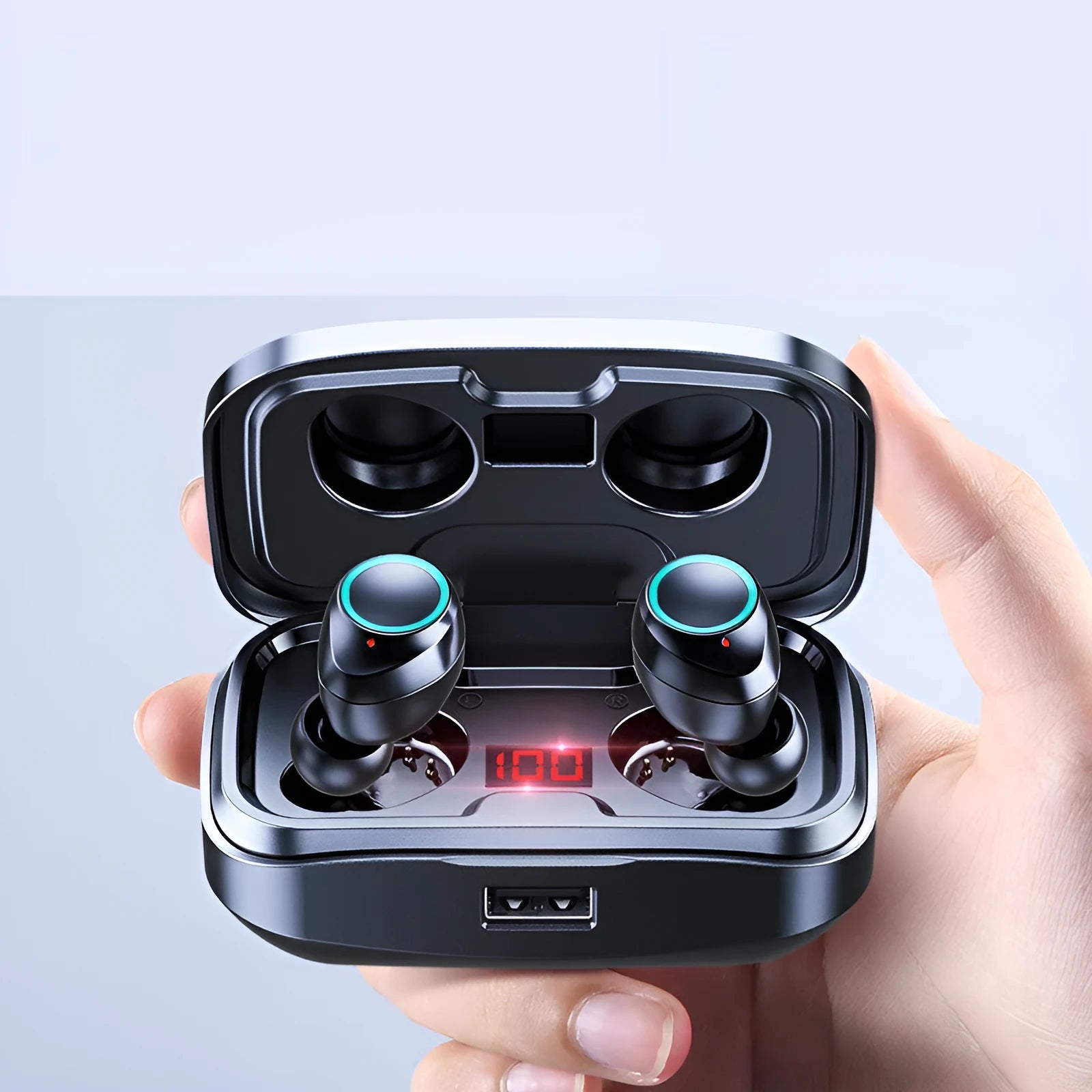 Black wireless Bluetooth in-ear earphones with a private mould design, shown outside of the charging case.