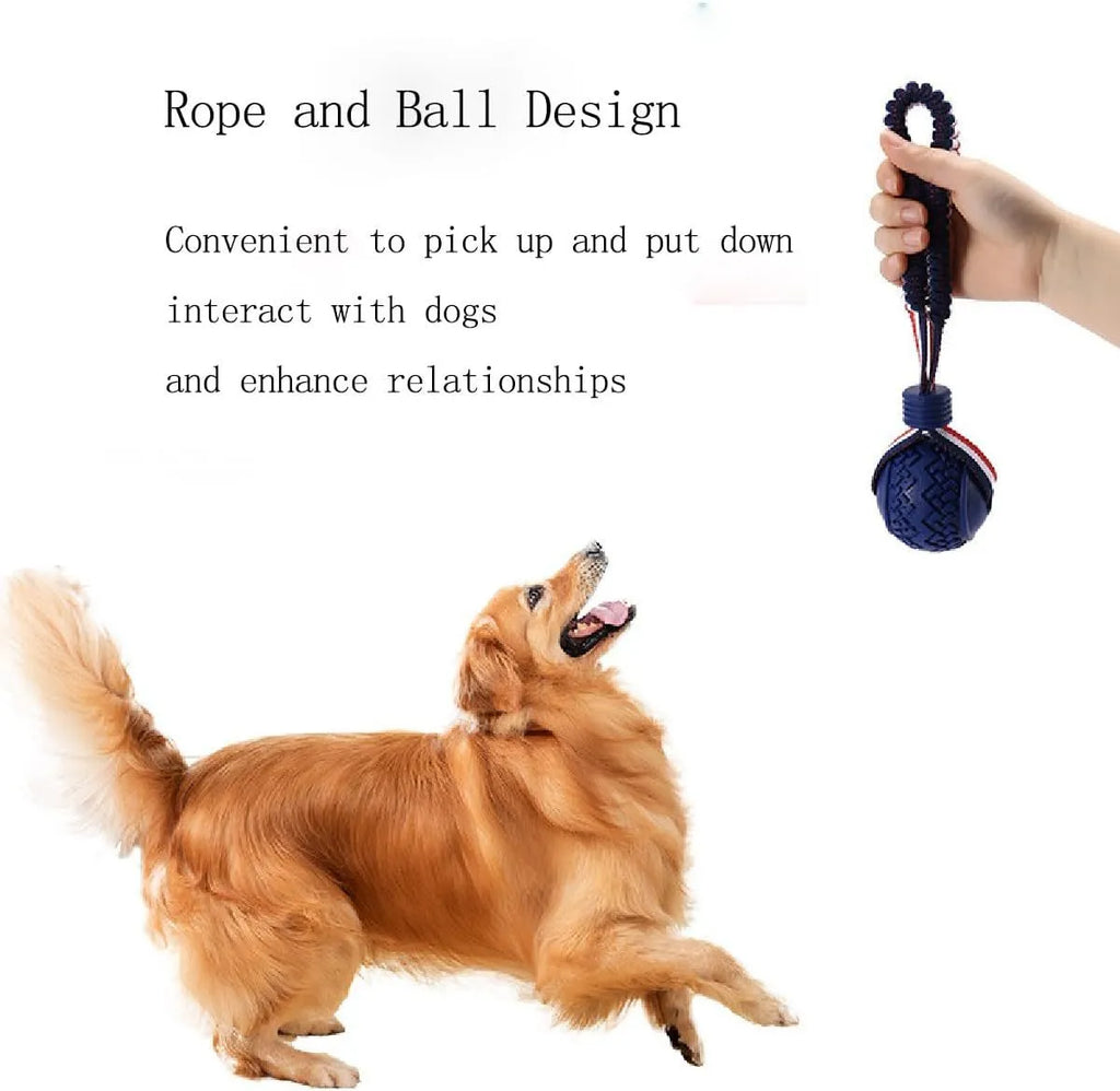 Blue dog ball with attached rope, showing textured surface and total length of 29 cm.