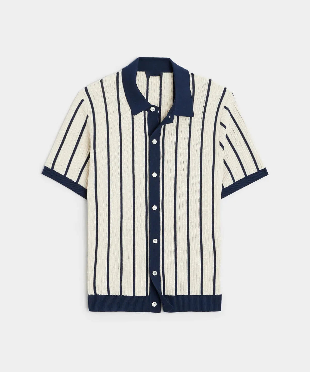 White men's short sleeve knitted shirt with asymmetric stripes and a lapel collar.