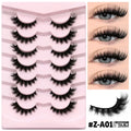 Box of artificial fibre false eyelashes showing six different style specifications with included adhesive glue