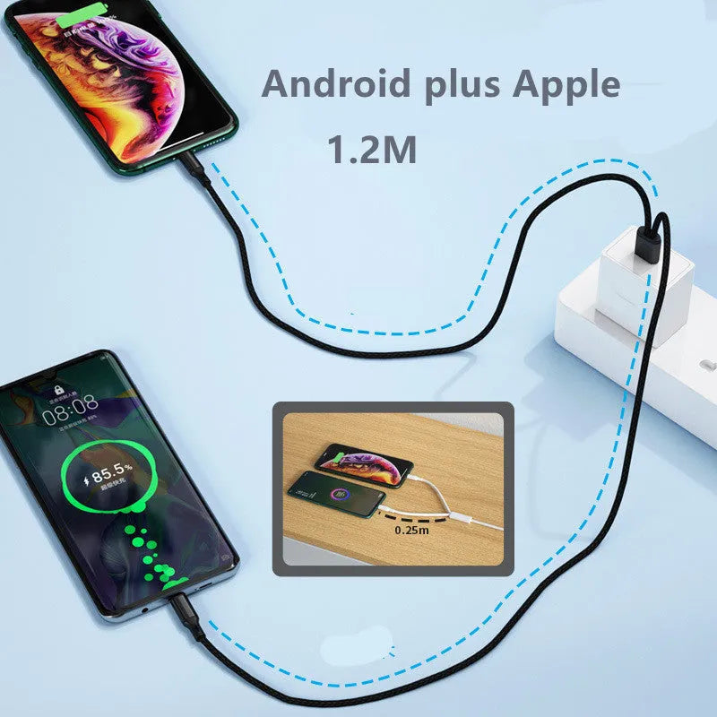 Black braided two-in-one charging cable with dual Android connectors for simultaneous device charging