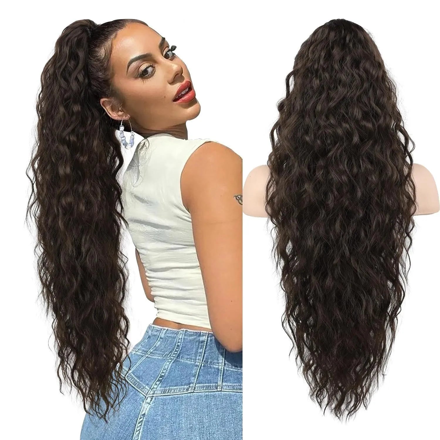 Long curly synthetic ponytail wig in a fluffy horse tail style, 30 inches in length.