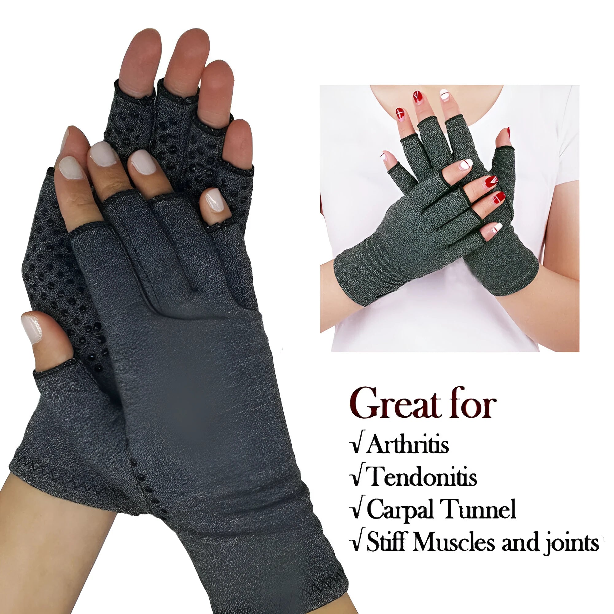 Grey half finger joint compression gloves with an anti-slip texture on the palm.