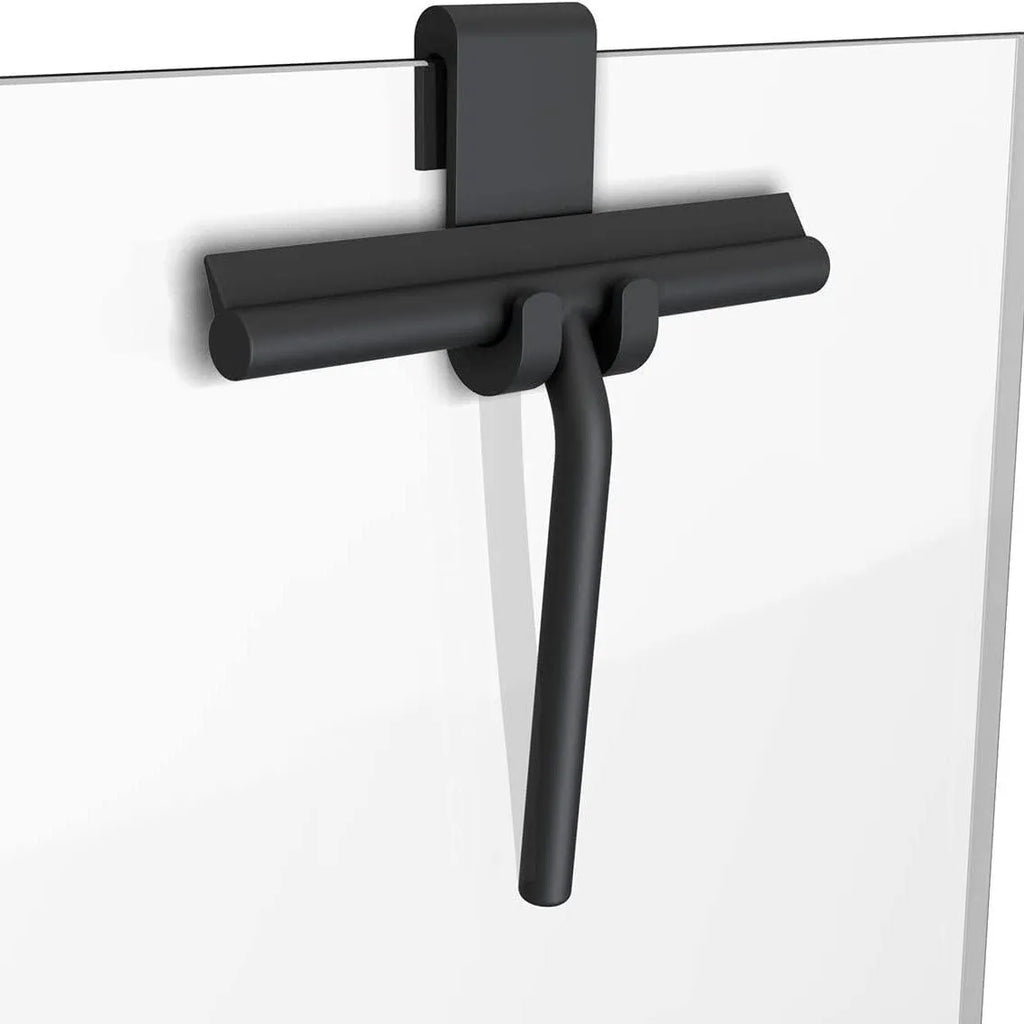 Small silicone water scraper with hook in black for cleaning bathroom tiles and glass