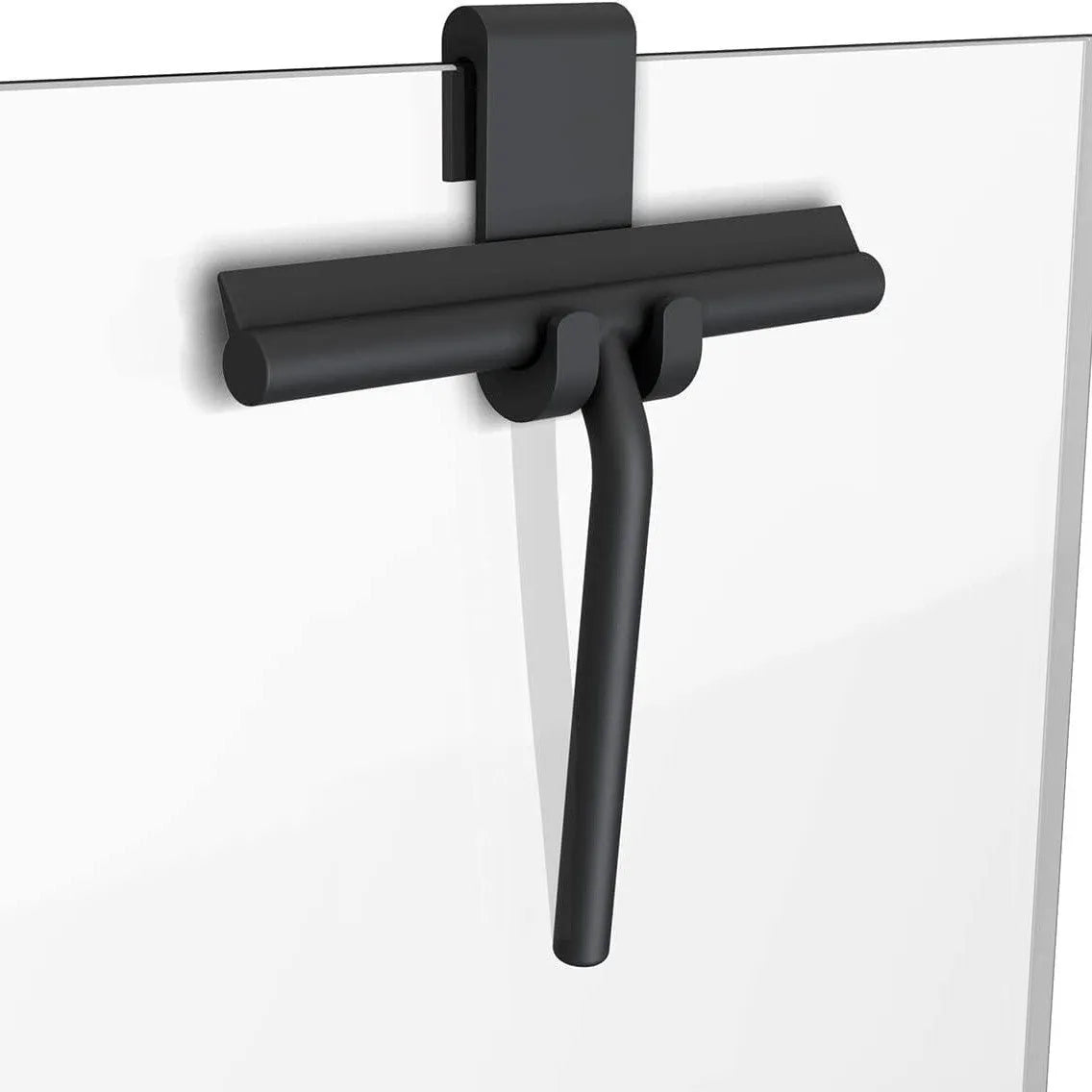 Small silicone water scraper with hook in black for cleaning bathroom tiles and glass