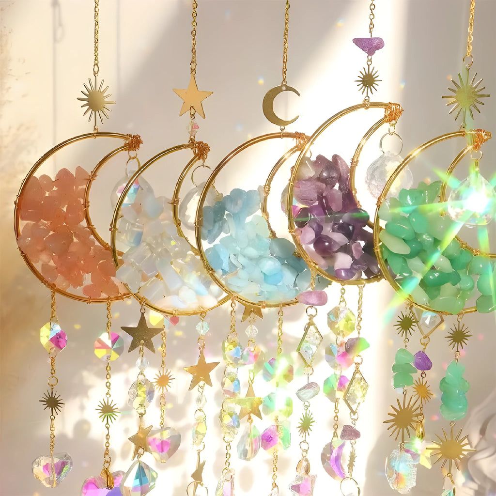 K9 crystal moon-shaped car pendant hanging, showing reflective surface and colour options.