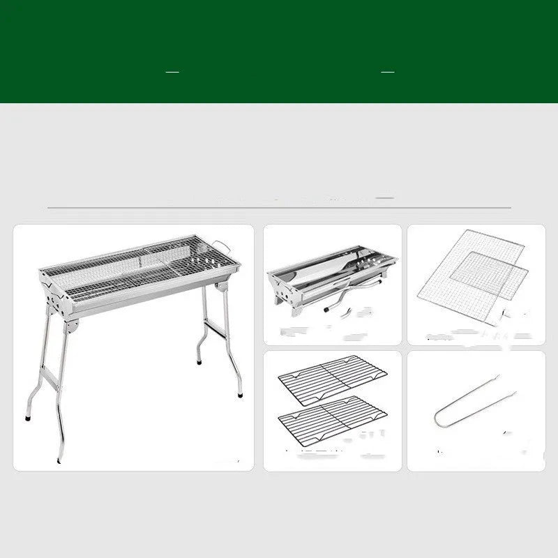 Stainless steel portable folding barbecue grill with cooking grate, shown in a natural colour.