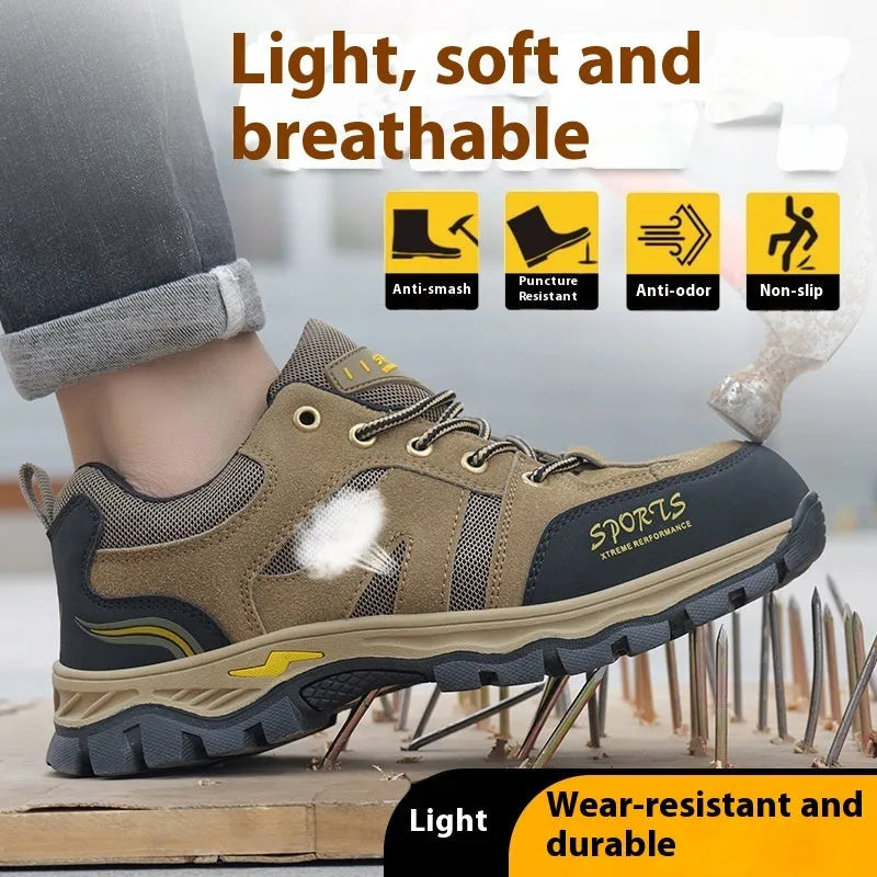 Khaki low top steel toe cap safety shoes with Flyknit upper and rubber sole on grey background