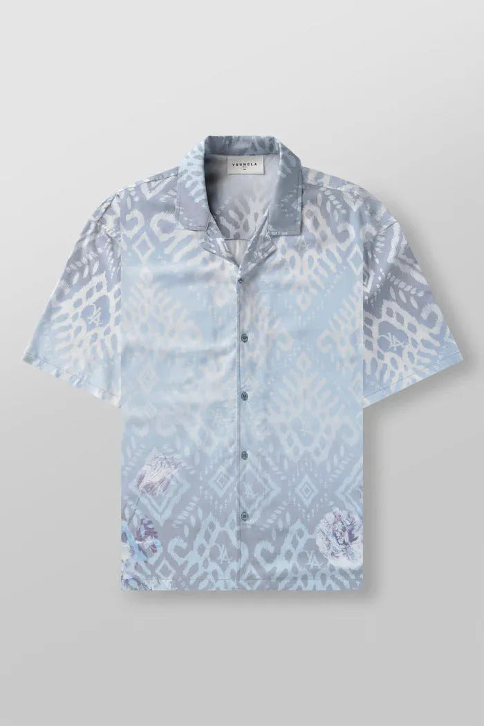 Men's loose floral print short-sleeve casual top in light colour on hanger
