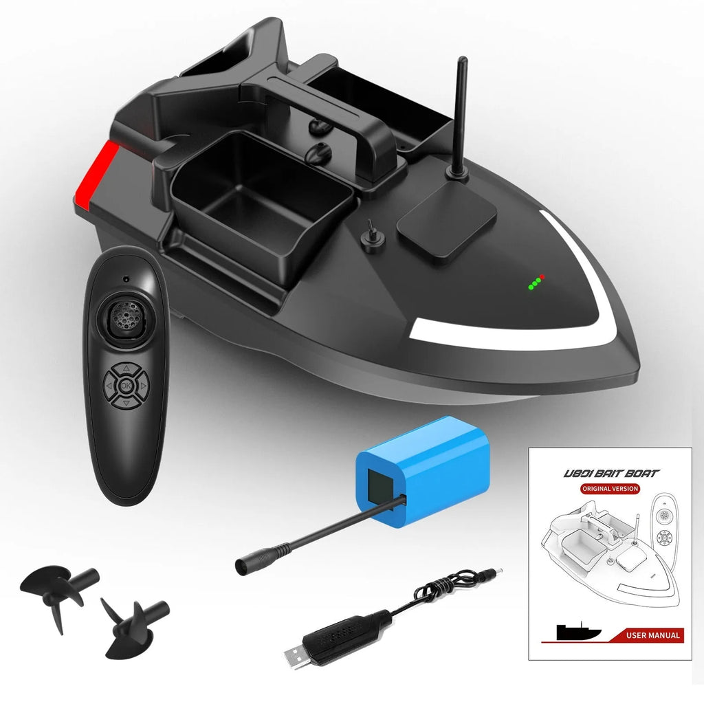 V020 GPS remote control fishing boat in luminous yellow on water, showing remote controller and handbag.