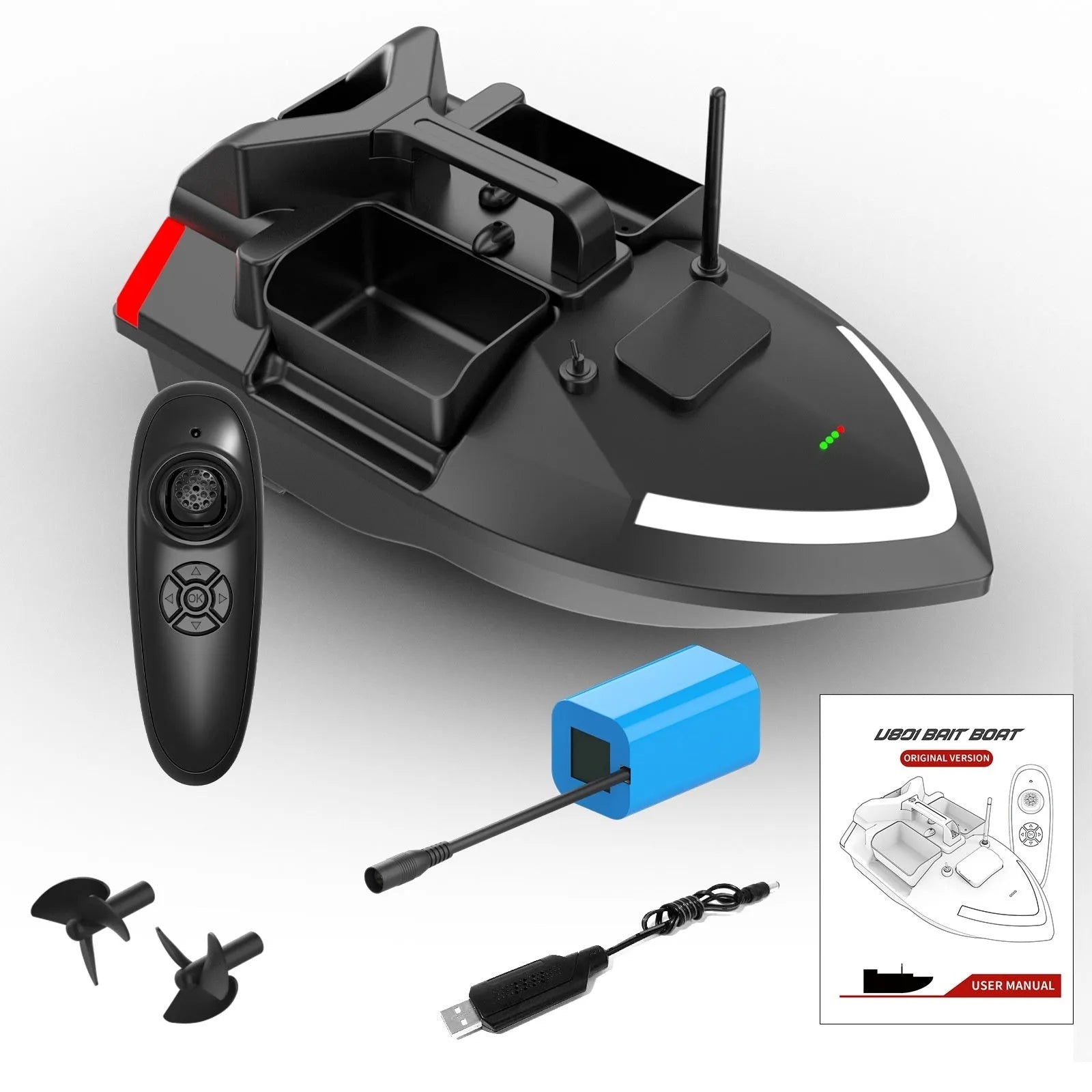 V020 GPS remote control fishing boat in luminous yellow on water, showing remote controller and handbag.