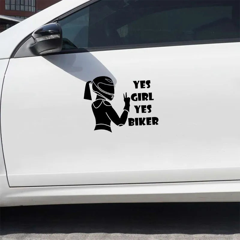 Cool girl rider character car sticker in 16cm × 15cm size with waterproof PET material
