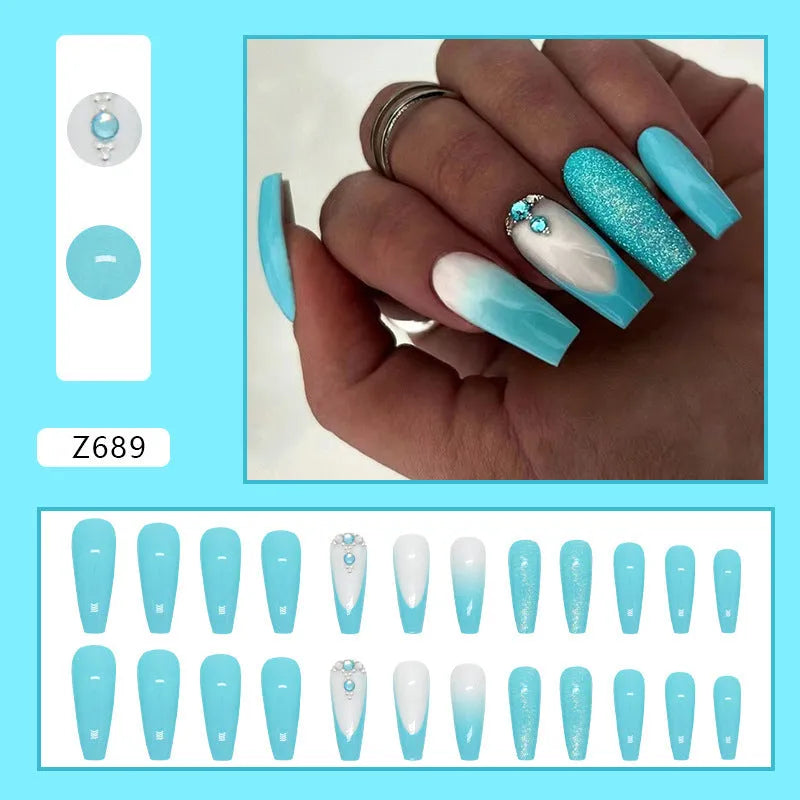 Smart blue diamond pattern on long ballet-shaped nail art patches with adhesive