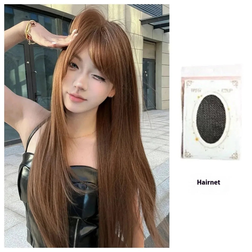 Long straight brown wig with fringe made from high-temperature fibre material