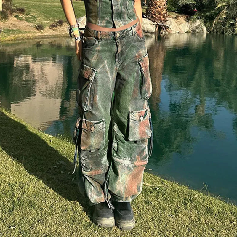 Loose blue denim cargo trousers with multi-pockets in a retro colour gradient.