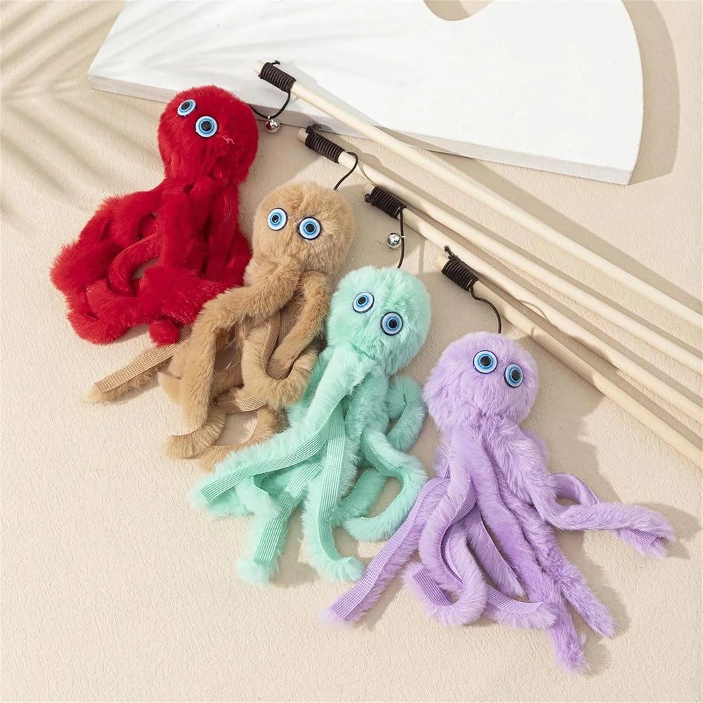 Octopus cat toy on 40cm stick in bright colours for indoor feline entertainment