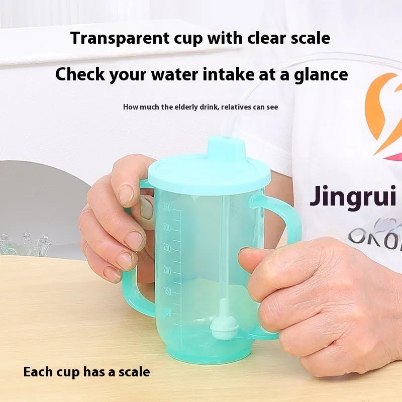 Adult bed care drinking cup with lid and handle, shown in various designs including oblique mouth choke proof cup.