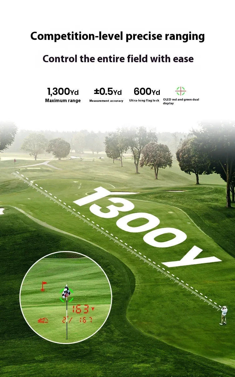GenePro G1 black golf GPS rangefinder with AMOLED display showing distance measurement