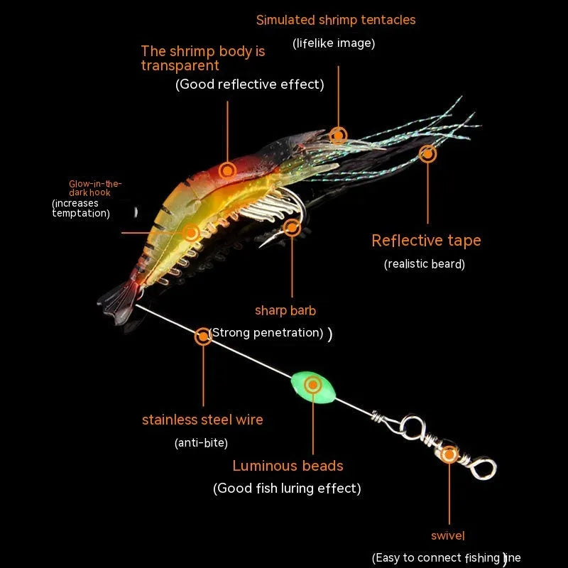 Six soft plastic fishing lures with fixed hooks in assorted colours including black head yellow body and luminous pink