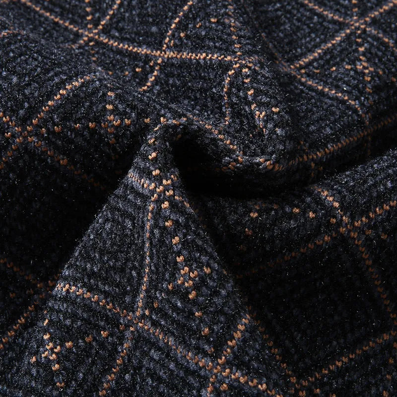 Mens loose round neck sweater in blue or brown, thin chemical fibre blend, sizes M to 7XL